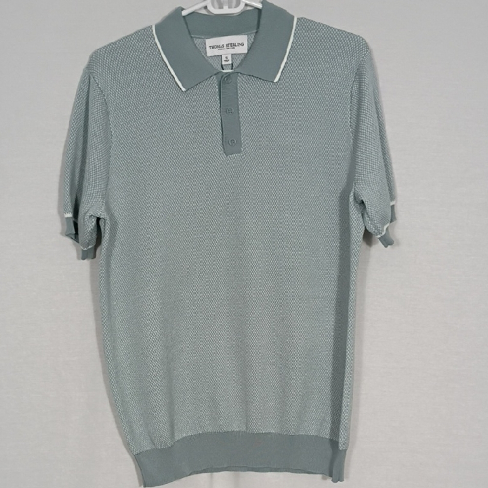 NWT Thomas Sterling Sage Green Short Sleeve Fine Gauge Sweater Polo Collar Sz Sm